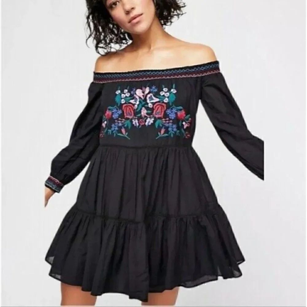 Free People Sun Beams Embroidered Off-The-Shoulder Mini Dress Size Small